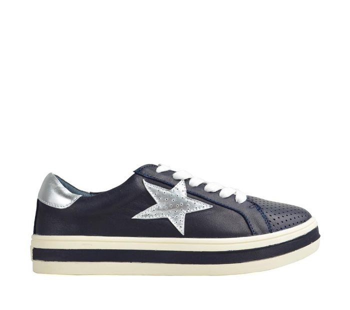 ALFIE & EVIE Pixie Ocean Silver sneakers with metallic finish, white soles, and stylish design for kids.