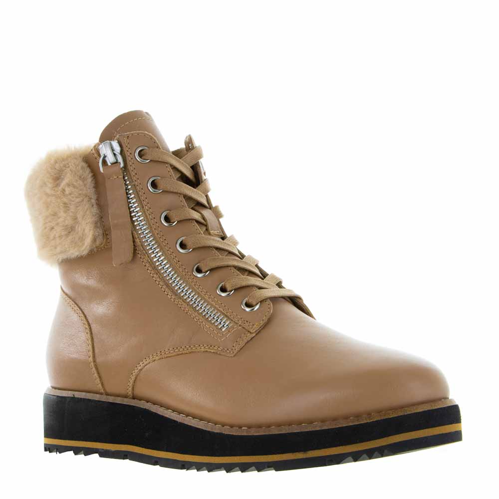 Le Sansa Lesansa Snap Tan boots featuring a sleek leather design and stylish ankle height.