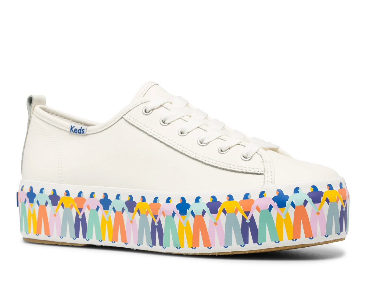 KEDS Triple Up Rainbow People sneakers featuring colorful rainbow design on white canvas casual shoes.