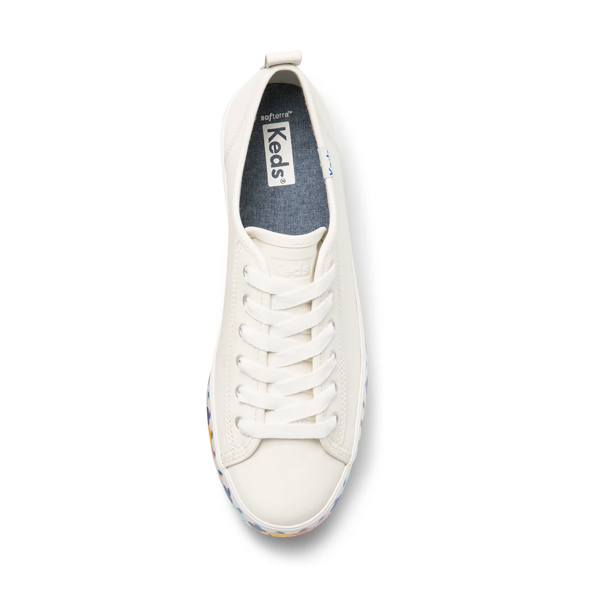 KEDS Triple Up Rainbow People sneakers featuring colorful rainbow design on classic canvas footwear.