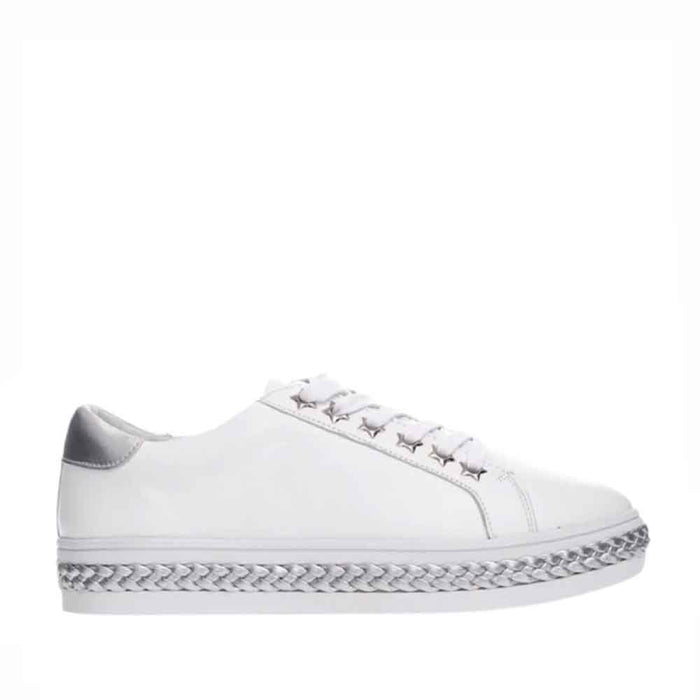 White and silver ALFIE & EVIE sneakers with stylish design, featuring a sleek, modern look perfect for casual wear.