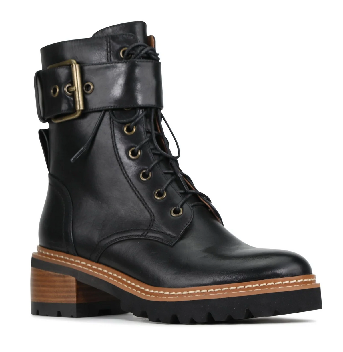 Black EOS LINE boots featuring sleek design, lace-up front, and sturdy sole, perfect for casual or stylish wear.