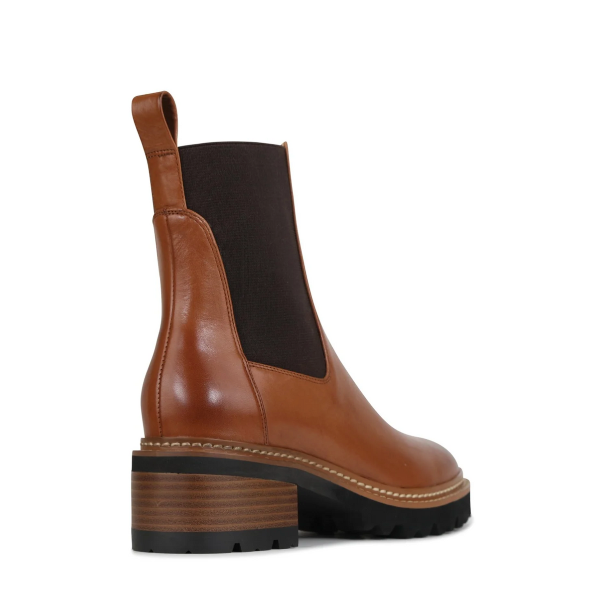 Eos Linear Brandy boots in black leather with ankle-high design and stylish stitching, featuring a rounded toe and low heel.