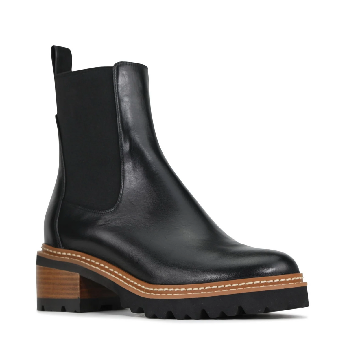 Eos Linear Black boots featuring sleek black leather design, rounded toe, and ankle-high style for casual and stylish wear.