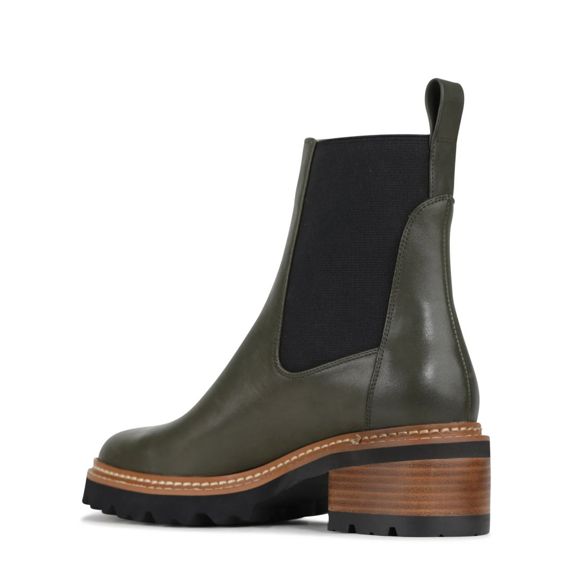 Eos Linear Dark Olive boots featuring a sleek design, dark olive color, and ankle-high style with sturdy sole and minimal detailing.