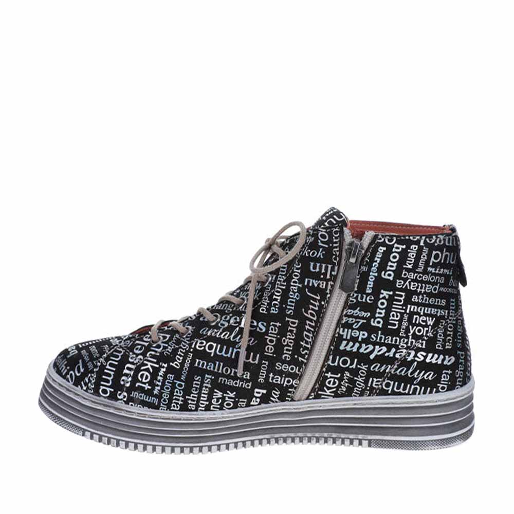 Le Sansa black print boots with vibrant, colorful design, showcasing stylish footwear with a bold pattern and sleek silhouette.