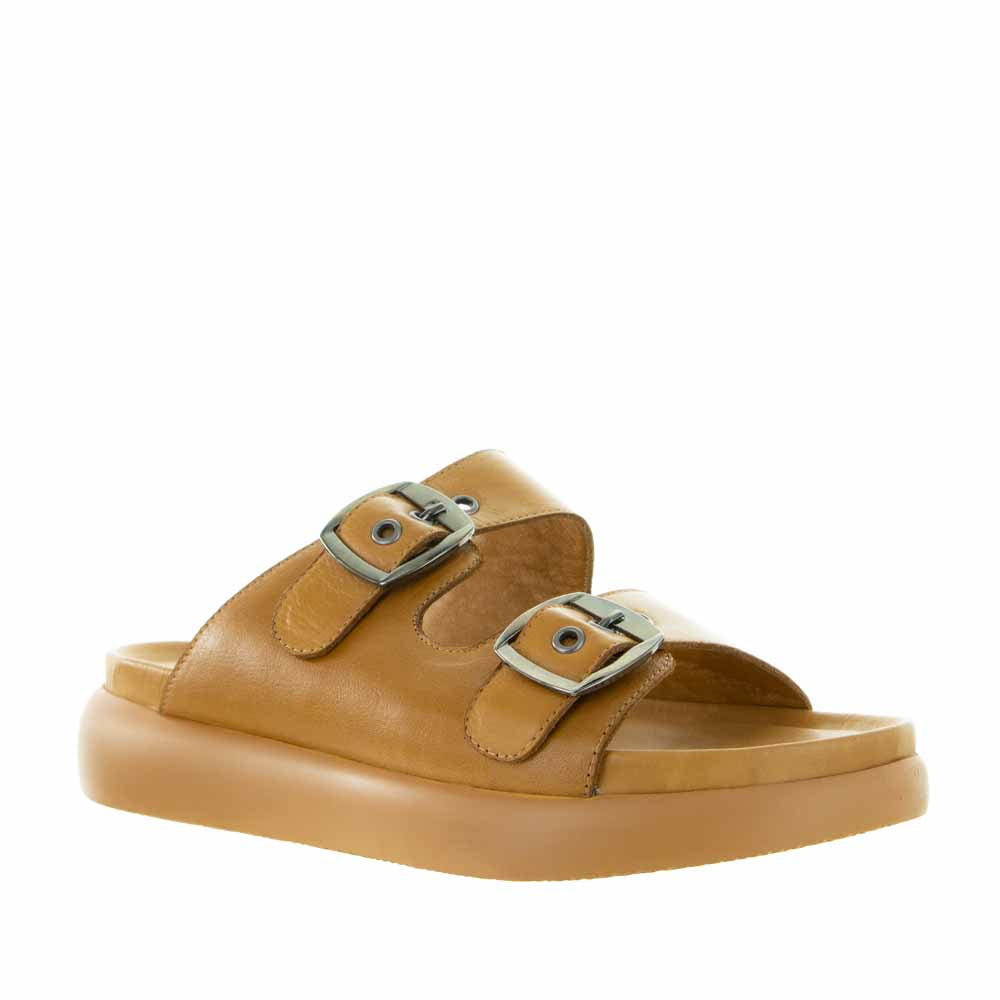 Le Sansa Burma Tan casual shoes in tan leather showing the side view with laces and textured sole.