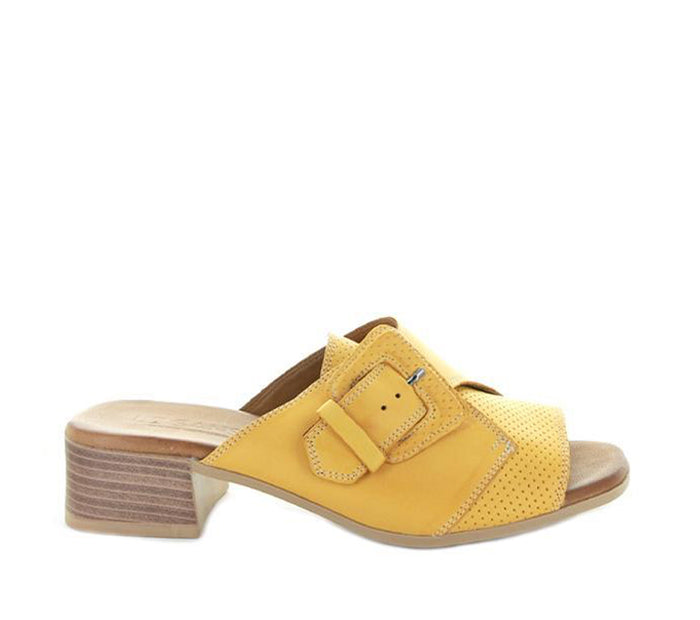 Le Sansa Durban Mustard heels with a sleek design and pointed toe, showcasing a stylish mustard-colored leather finish.