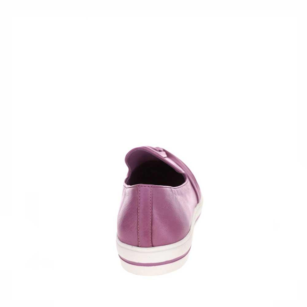 Le Sansa Izzy Lilac slip-on shoes with a soft fabric upper and comfortable design, shown in a close-up image.