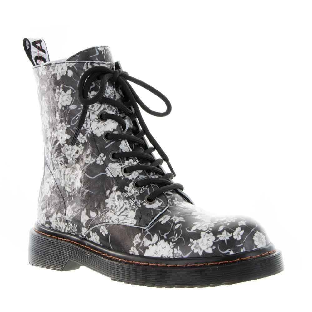 Le Sansa Depth Black Floral boots featuring a sleek design with floral pattern, stylish ankle-high footwear for women.