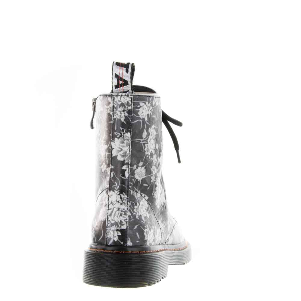 Black floral boots by Le Sansa, featuring a stylish ankle-length design with a sleek finish and decorative floral accents.