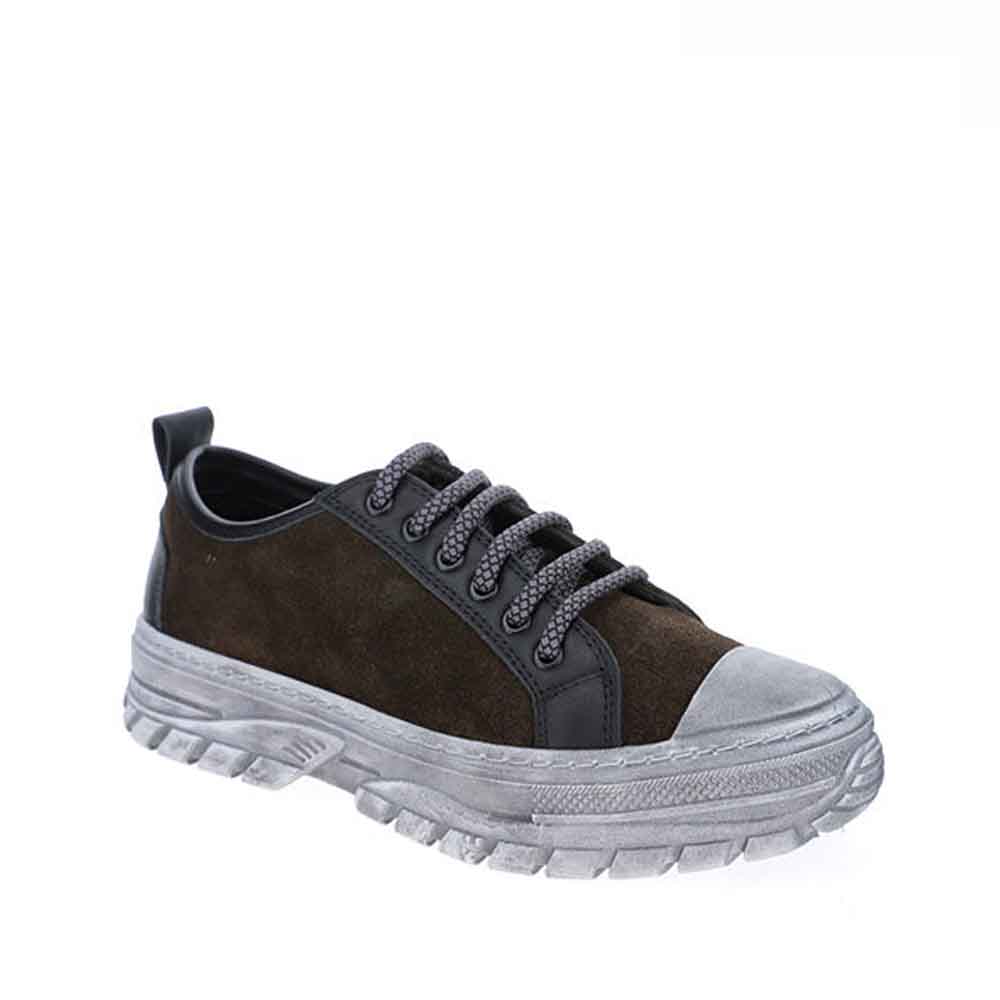 Le Sansa Rocky Forest Green sneakers with green and brown accents, showcasing stylish casual footwear.