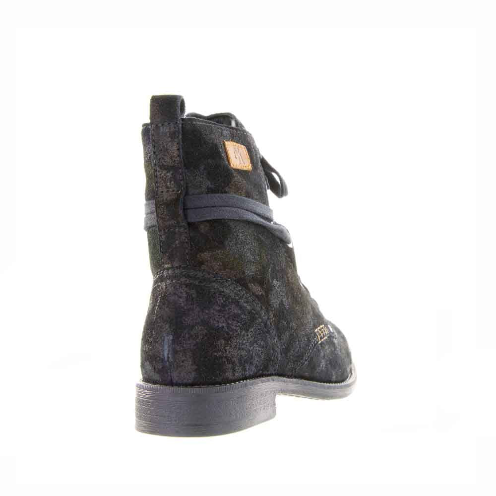 Le Sansa black print boots featuring stylish pink floral design, ankle-high with chunky heel and lace-up front.